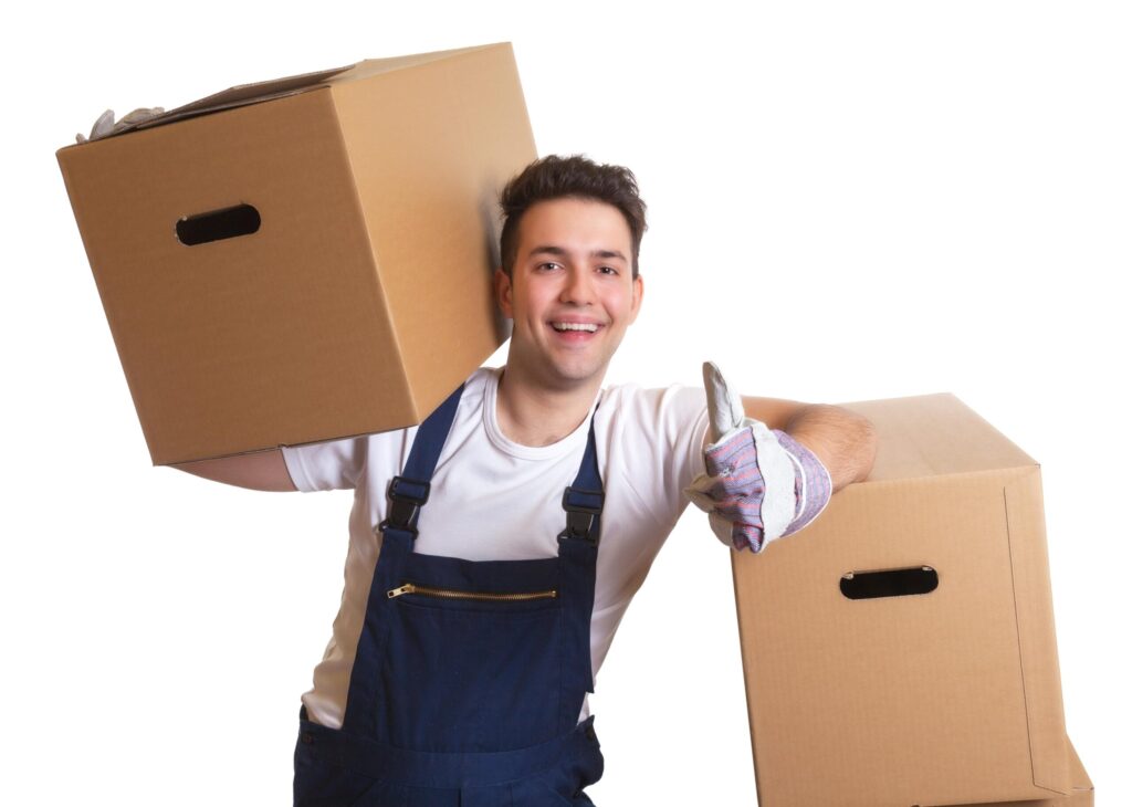 Mitarbeiter der Entrümpelung Hürth trägt Umzugskartons und zeigt Daumen hoch als Zeichen für zuverlässigen Service.